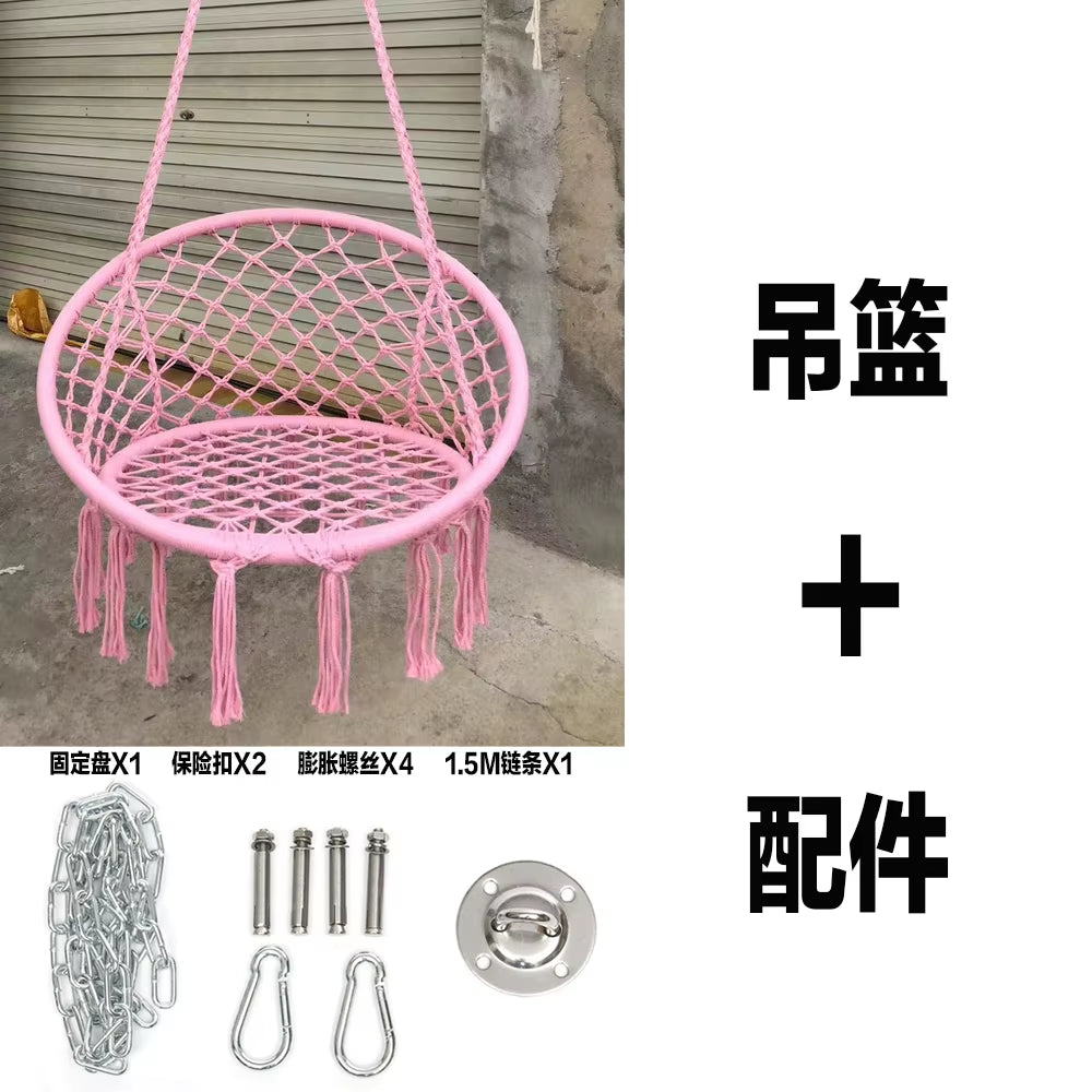 ‌Nordic Style Hanging Basket- Handmade Cotton Rope Swing Chair, Balcony Relaxation Cradle- Boho Indoor Fringe Hanging Chair