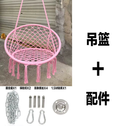 ‌Nordic Style Hanging Basket- Handmade Cotton Rope Swing Chair, Balcony Relaxation Cradle- Boho Indoor Fringe Hanging Chair