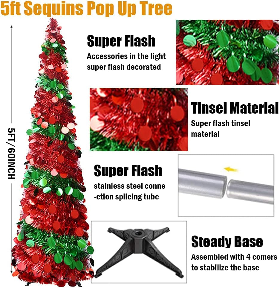 5 Foot Collapsible Pop up Sequin Artificial Pencil Christmas Tree Tinsel Slim Halloween Xmas Tree Tall Skinny Tree with Plastic Stand, Decorations for Home Fireplace Party Indoor Outdoor (Green& Red)