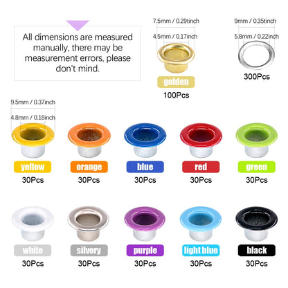 300Pcs 10 Colors 3/16 Inch Metal Grommets Kit and 1Pcs Eyelet Hole Punch Pliers with 100Pcs Gold Grommets, Metal Eyelets Kits Shoe Eyelets Grommet Sets for Leather Fabric Belt Clothes