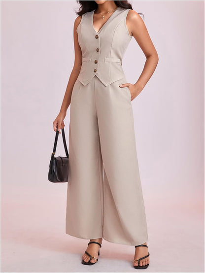 Women'S 2 Piece Outfit Sleeveless Button down Vest Blazer and Wide Leg Pants Suit Matching Set