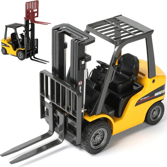 Liftable Forklift Toy- All Metal Die-Cast Construction Fork Truck with Articulating Arm, Movable Forks - Yellow Scale Mini Vehicle Model for Kids Adult Collection & Desk Decoration.