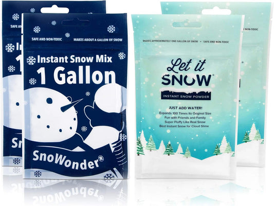 Instant Snow Powder for Slime 4 Pack  (2) and Snowonder (2) Made in the USA - Artificial Snow Mix Fake Snow Holiday Decorations