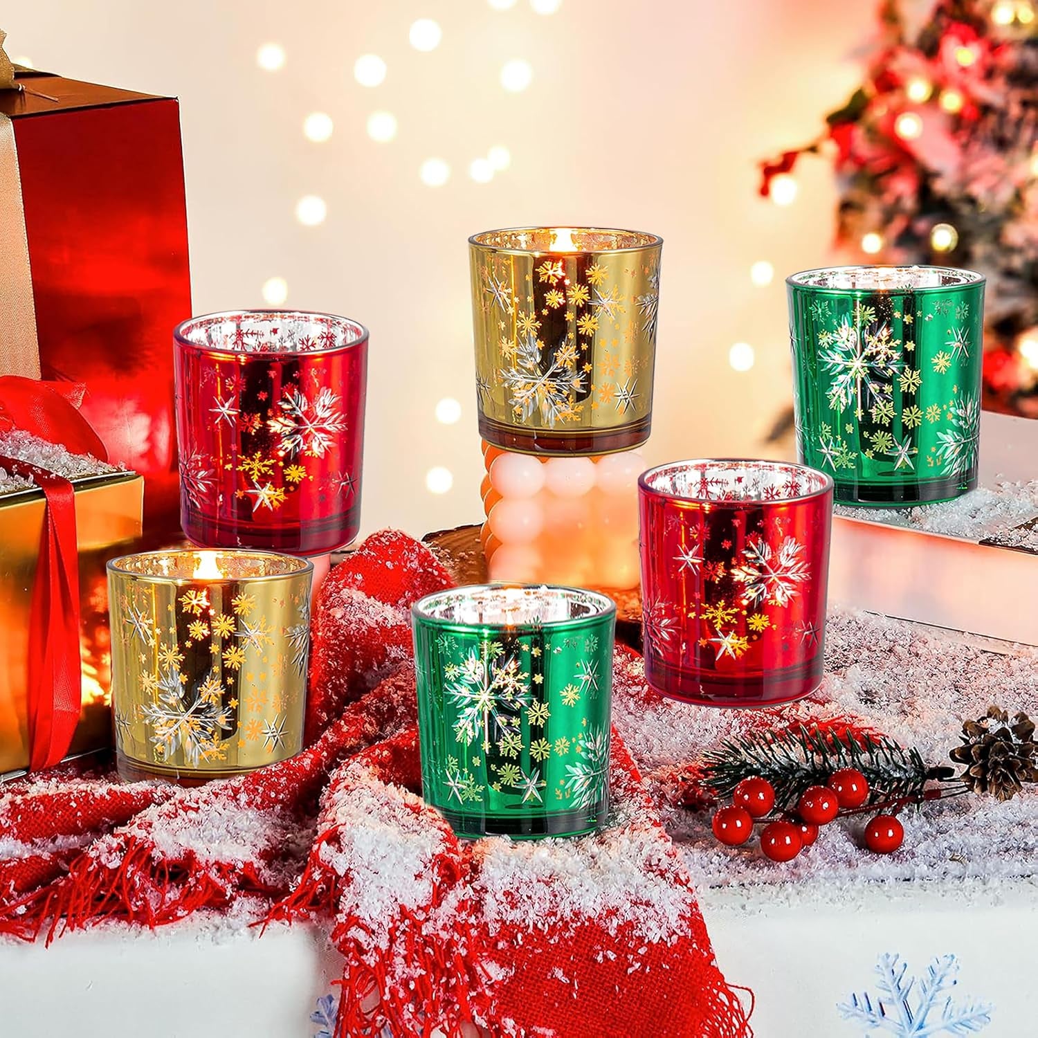 Christmas Candle Holder,Mercury Glass Tealight Votives Set of 6,Christmas Decorations Indoor,Snowflake Carving Tea Lights Centerpieces Table Decor