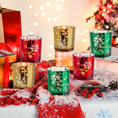 Christmas Candle Holder,Mercury Glass Tealight Votives Set of 6,Christmas Decorations Indoor,Snowflake Carving Tea Lights Centerpieces Table Decor