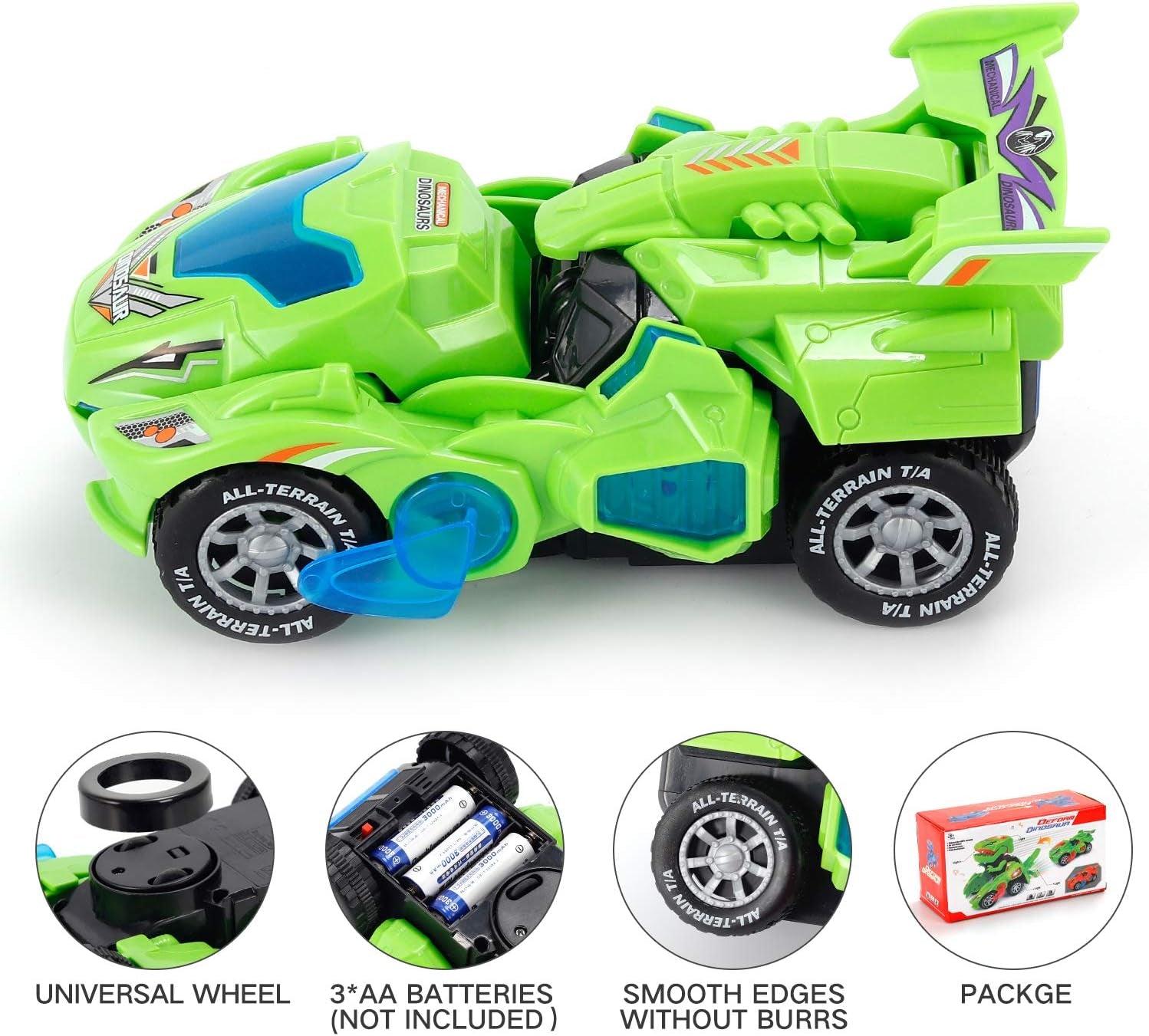 LED Car Dinosaur Transforming Toys- 2 in 1 Automatic Dinosaur Dino Transformer Toy Car Lamps for Kids,Toddlers ( Ages 3-12, Green)
