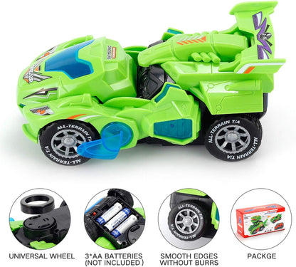 LED Car Dinosaur Transforming Toys- 2 in 1 Automatic Dinosaur Dino Transformer Toy Car Lamps for Kids,Toddlers ( Ages 3-12, Green)