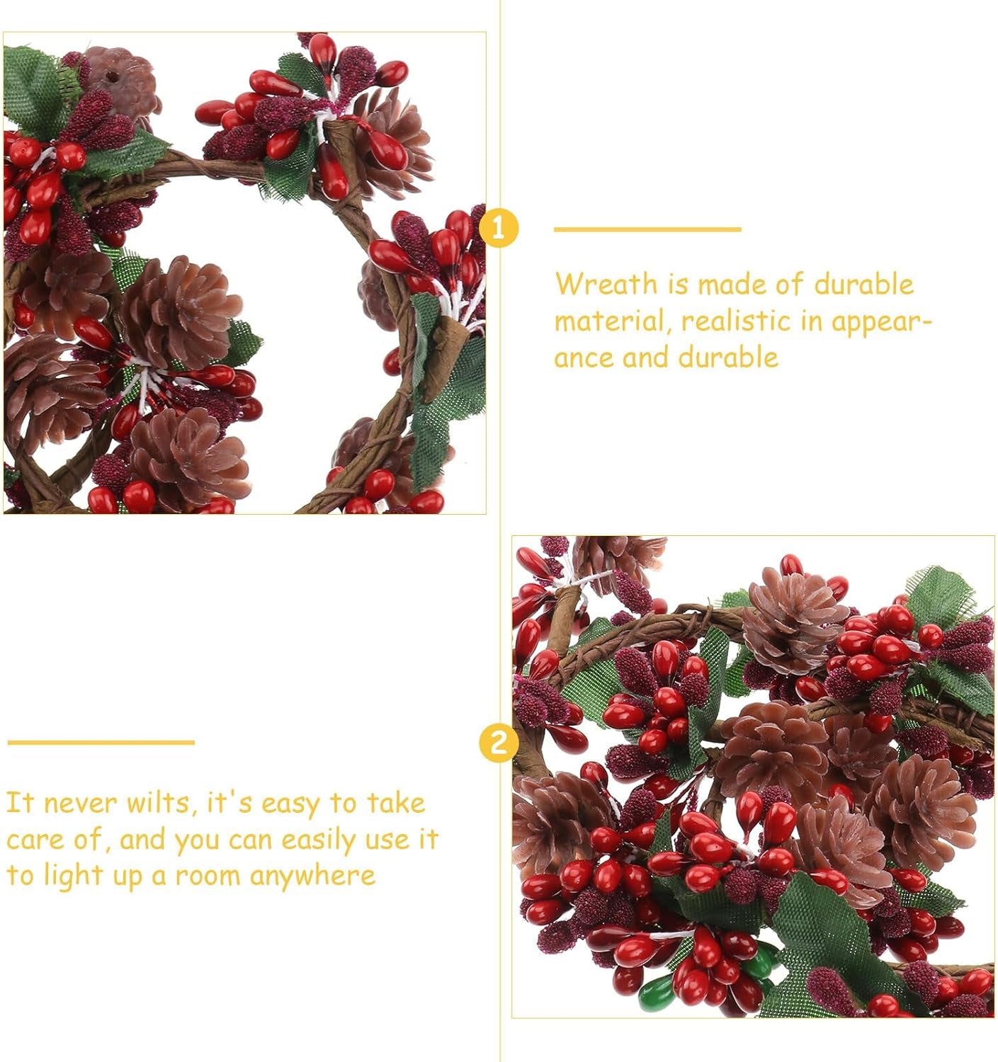 6Pcs Christams Candle Rings Red Berry Candle Rings Wreaths with Pine Cones for Pillars Christams Table Decorations Centerpieces (Red)