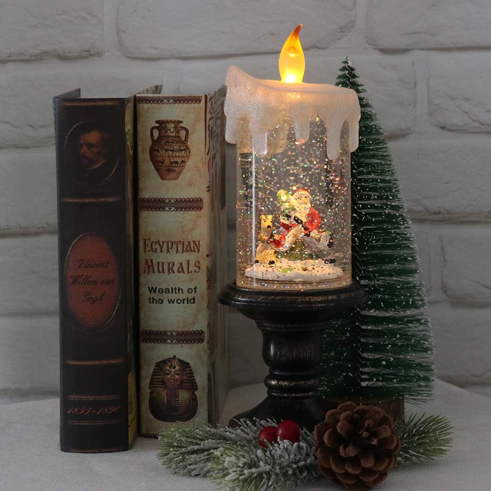 Christmas Snow Globe with Timer, Battery Operated Swirling Water Glittering Lighted Snow Globe Candlestick Thanksgiving Christmas Decoration(Santa)