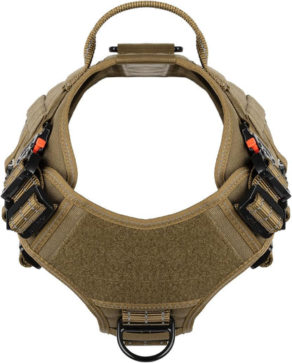 Tactical Dog Harness with 4X Metal Buckle,Working Dog MOLLE K9 Vest with Handle,No Pulling Front Clip,Adjustable Pet Harness for Large Dogs (L (28"-35" Chest), Brown)