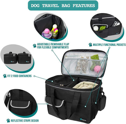 Travel Bag Organizer - Dog & Cat Diaper Bag with Food Container, Bowls & Accessories for Weekend Camping