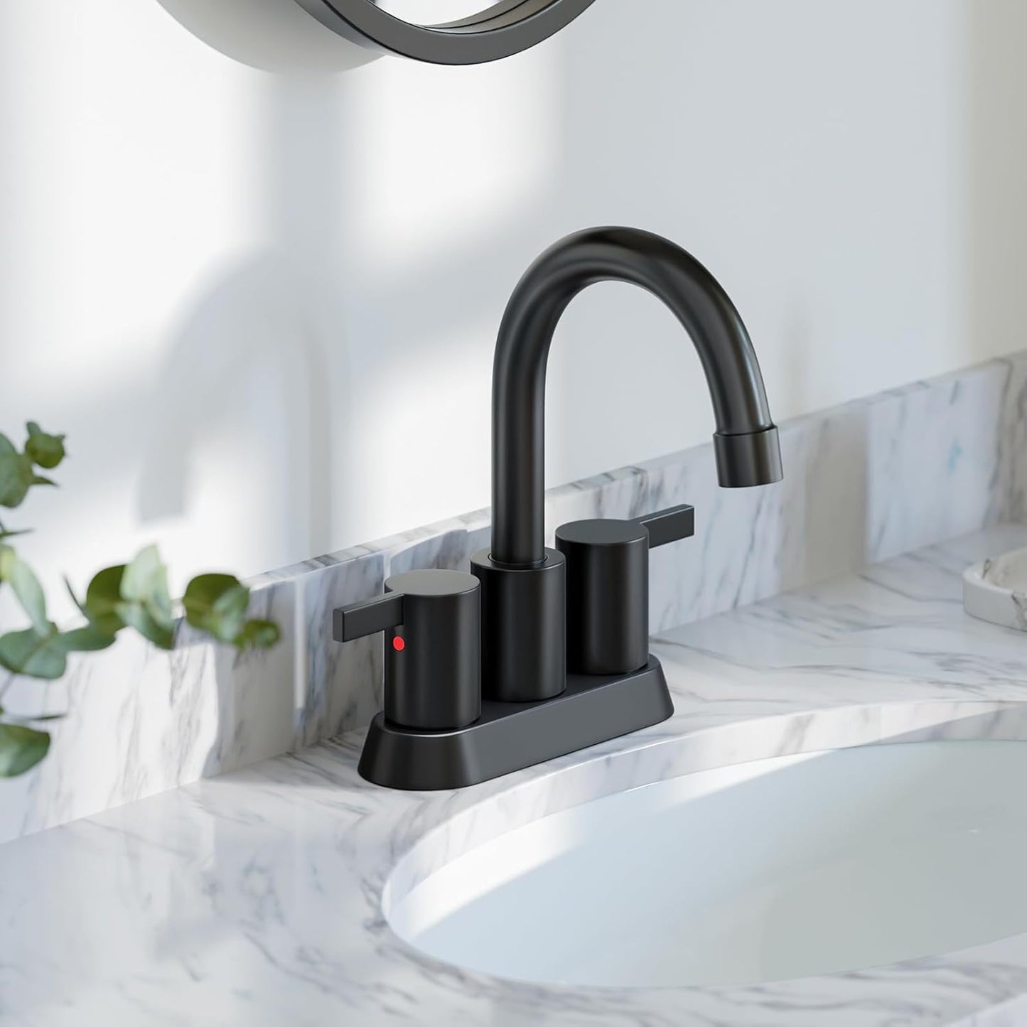 4-Inch Matte Black Lead-Free Modern Bathroom Faucet with 360-Degree Swivel Spout, Two Handles, Pop-Up Drain, and Water Supply Lines for 2-3 Hole RV Bathroom Vanity Sink, Model BF015-1-MB