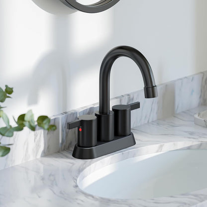 4-Inch Matte Black Lead-Free Modern Bathroom Faucet with 360-Degree Swivel Spout, Two Handles, Pop-Up Drain, and Water Supply Lines for 2-3 Hole RV Bathroom Vanity Sink, Model BF015-1-MB