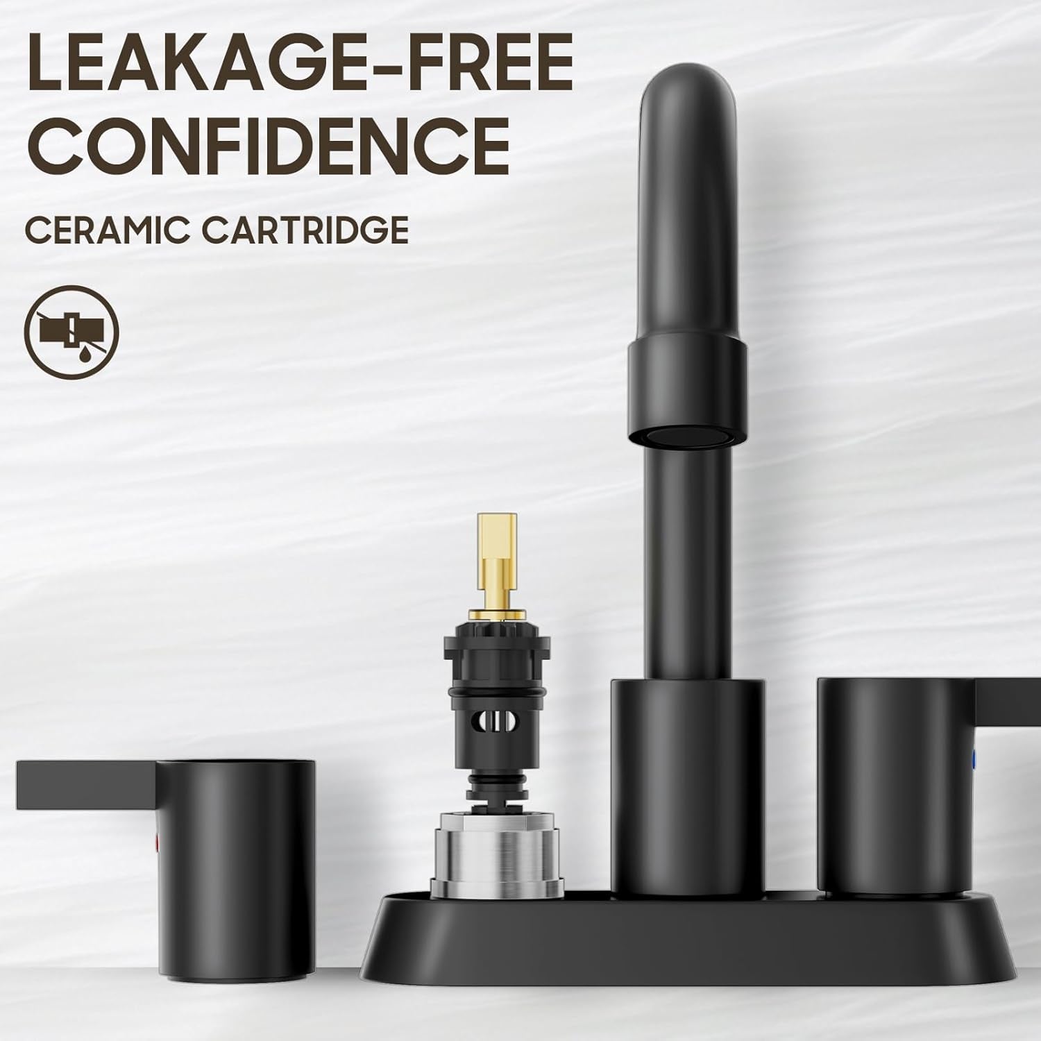 4-Inch Matte Black Lead-Free Modern Bathroom Faucet with 360-Degree Swivel Spout, Two Handles, Pop-Up Drain, and Water Supply Lines for 2-3 Hole RV Bathroom Vanity Sink, Model BF015-1-MB