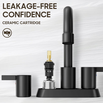 4-Inch Matte Black Lead-Free Modern Bathroom Faucet with 360-Degree Swivel Spout, Two Handles, Pop-Up Drain, and Water Supply Lines for 2-3 Hole RV Bathroom Vanity Sink, Model BF015-1-MB