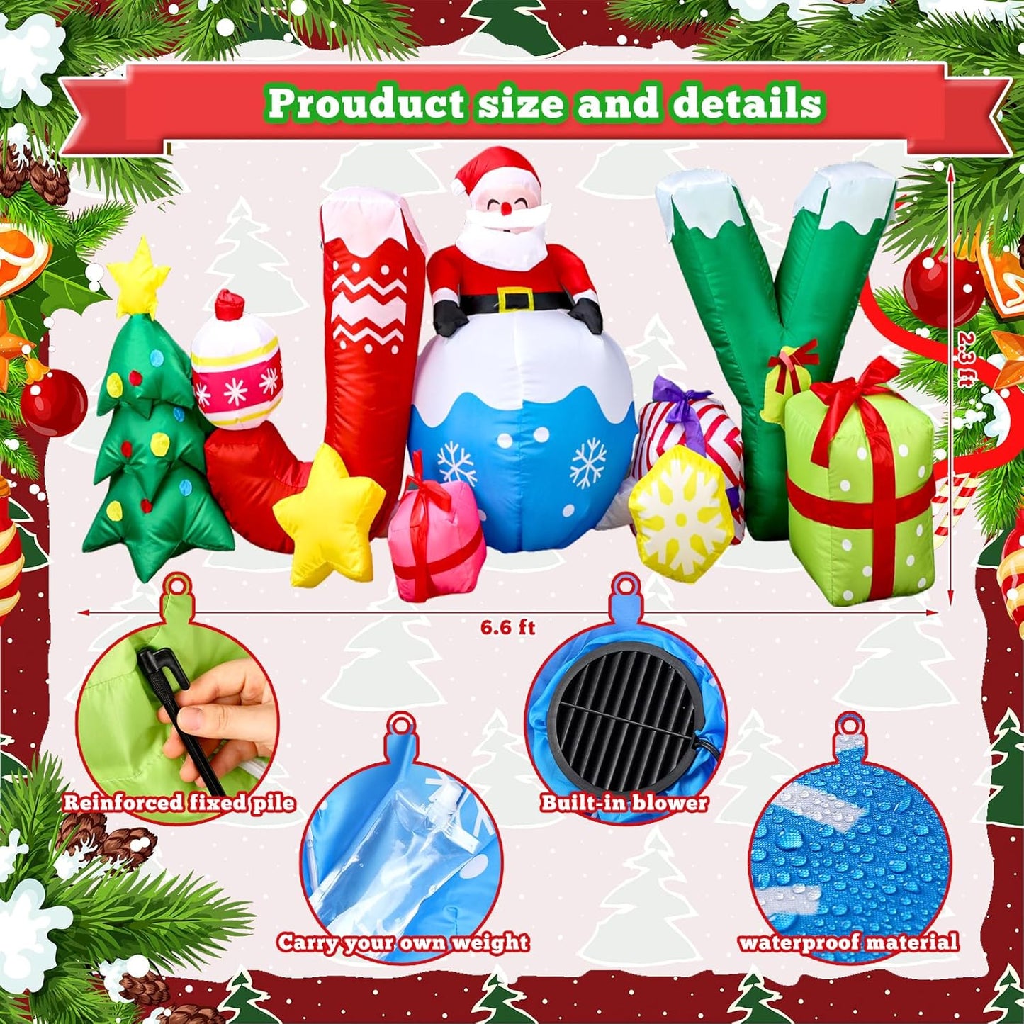 7 Pcs LED 6.6 Ft Joy Santa Claus Christmas Inflatables Outdoor Decorations Large