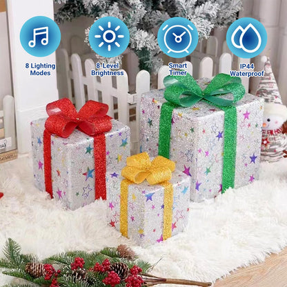 Set of 3 Christmas Lighted Gift Boxes, Pre-Lit 48 LED Light up Present Boxes Orn