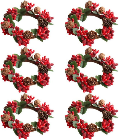 6Pcs Christams Candle Rings Red Berry Candle Rings Wreaths with Pine Cones for Pillars Christams Table Decorations Centerpieces (Red)