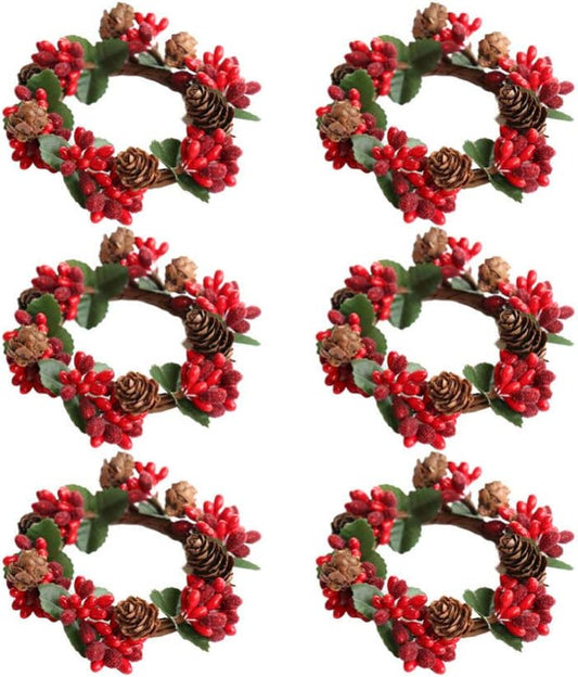 6Pcs Christams Candle Rings Red Berry Candle Rings Wreaths with Pine Cones for Pillars Christams Table Decorations Centerpieces (Red)