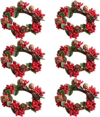 6 Pack Christmas Candle Rings - Red Berry Pine Cone Wreaths for Table Centerpiece Decor