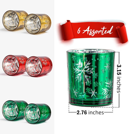 Christmas Candle Holder,Mercury Glass Tealight Votives Set of 6,Christmas Decorations Indoor,Snowflake Carving Tea Lights Centerpieces Table Decor