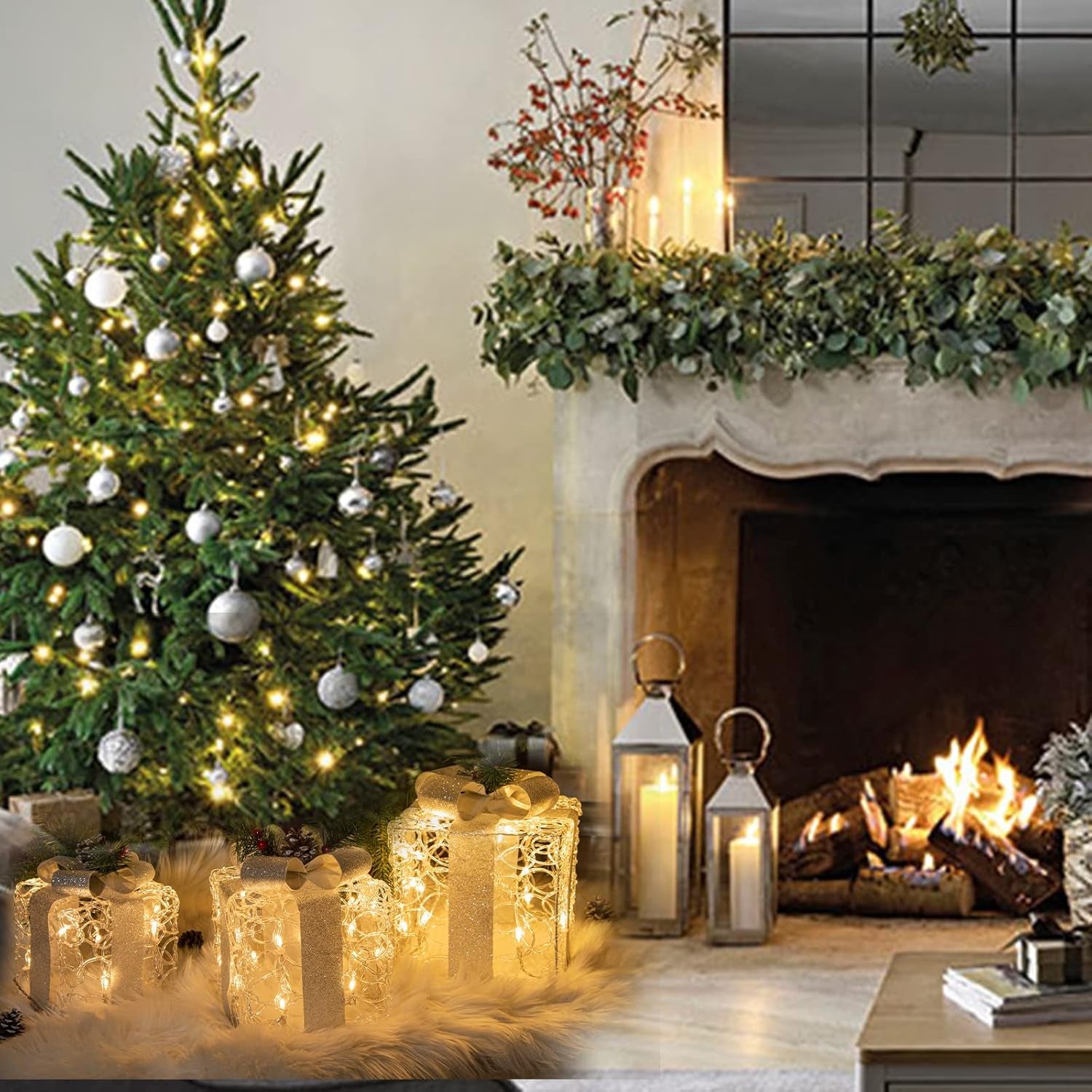 Christmas Lighted Gift Boxes, Set of 3 White Gift Box with 48 Warm White Lights, Outdoor Decorations Plug in for Yard Lawn Porch Holiday