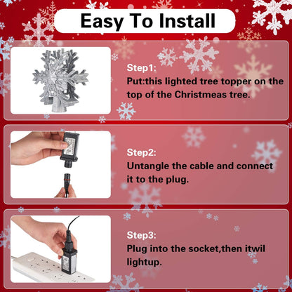 Christmas Tree Topper,  Star Tree Topper Lighted Indoor with Rotating 3D Silver Snowflake LED Projector Hollow Glitter Lighted for Xmas Tree Christmas Decorations Holiday