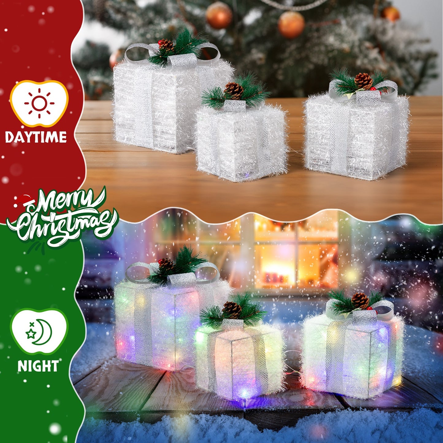 3 X Christmas Lighted Gift Boxes Decorations Holiday Party Home Yard, White