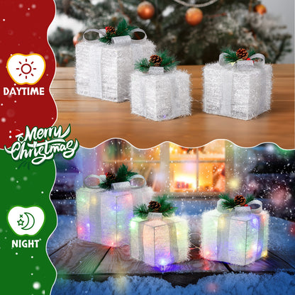 3 X Christmas Lighted Gift Boxes Decorations Holiday Party Home Yard, White