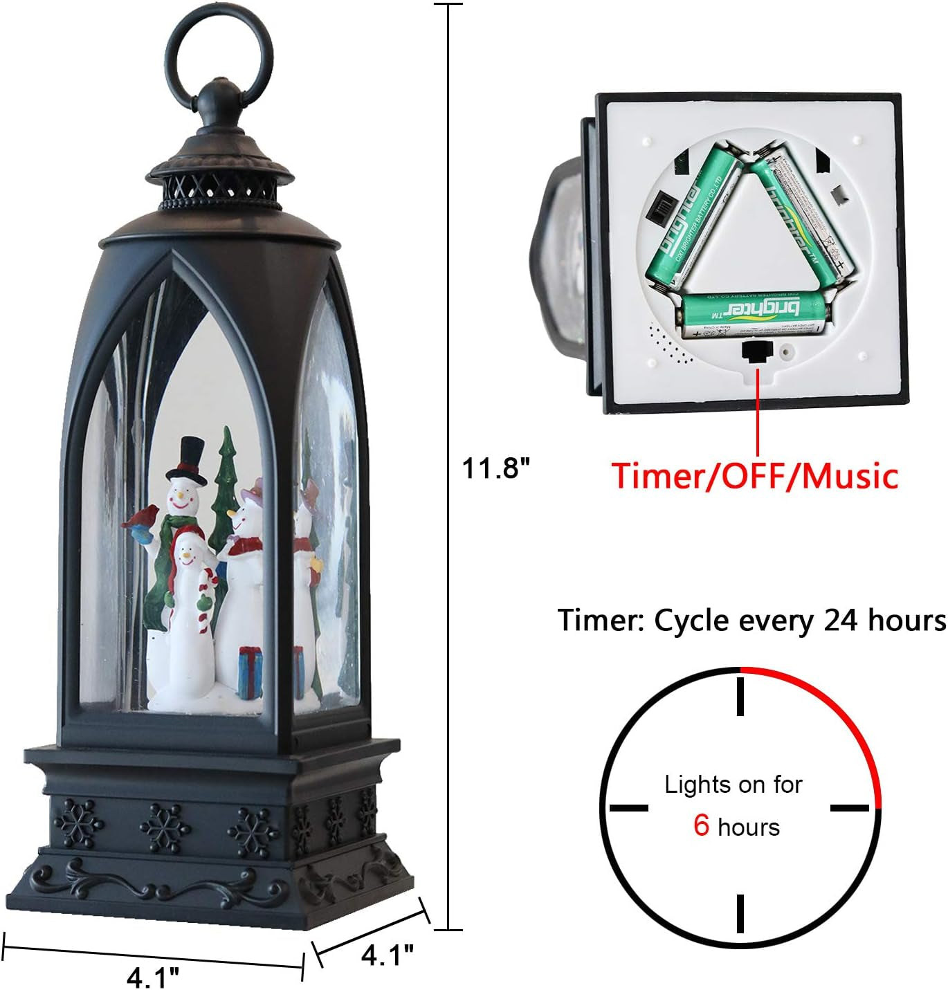 12” Christmas Snow Globe Lantern Snowman with Music & Timer, USB Lined/Battery Operated Lighted Water Glittering Lantern for Christmas Festival Decoration Gifts – Snowman