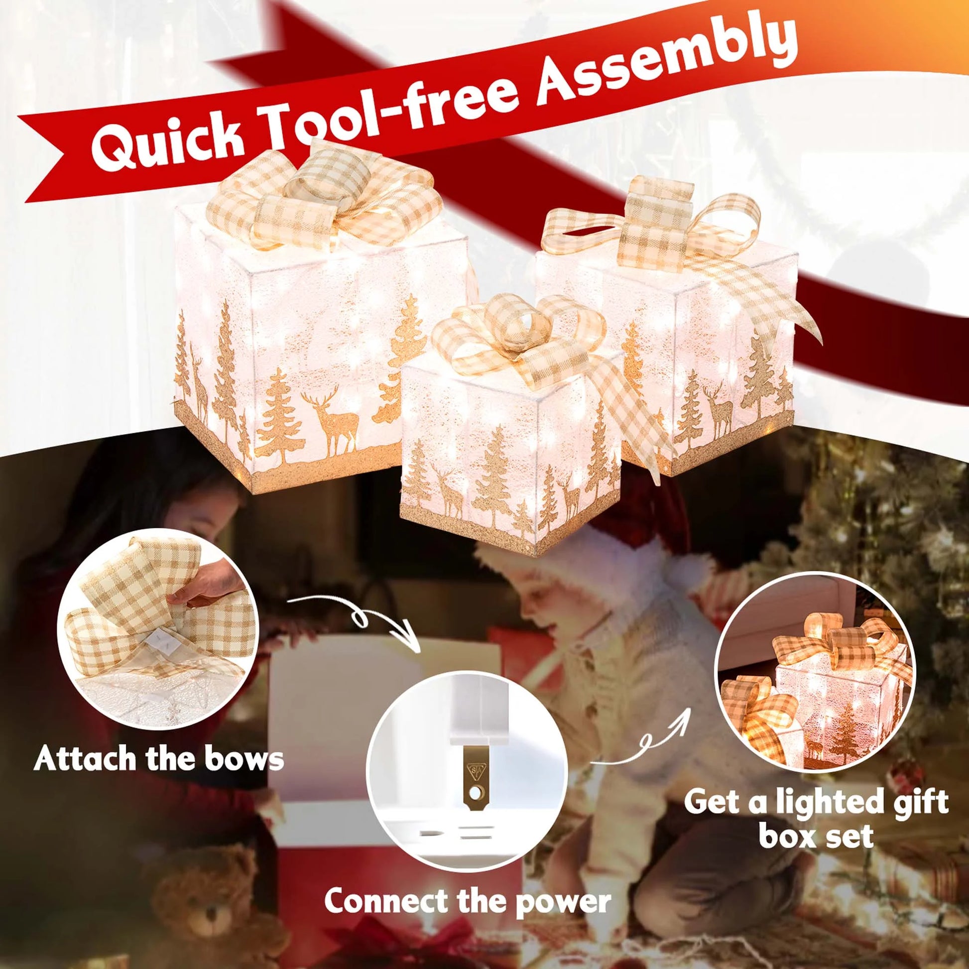 Set of 3 Pre-Lit Christmas Gift Boxes Lighted Present Decoration with 100 Lights