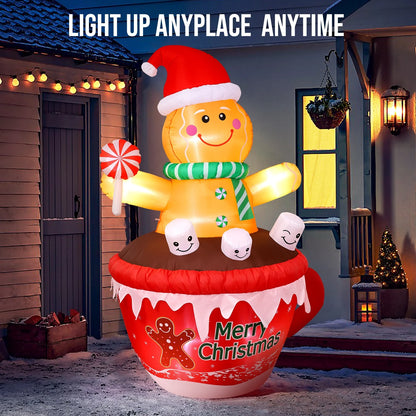 7FT Inflatables Christmas Outdoor Decoration Cup Gingerbread Man with LED, Outdoor Christmas Decoration
