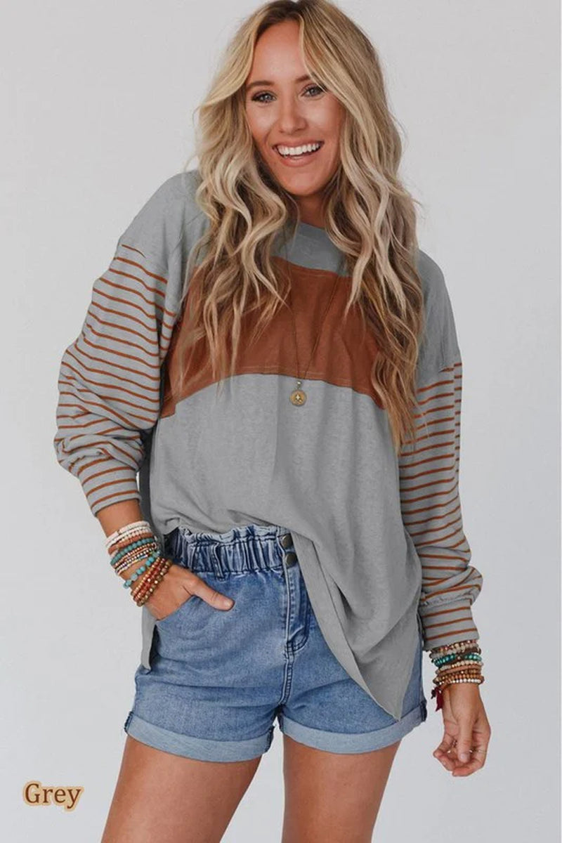 Color Block Stripe Lantern Sleeve Side Slit Tunic