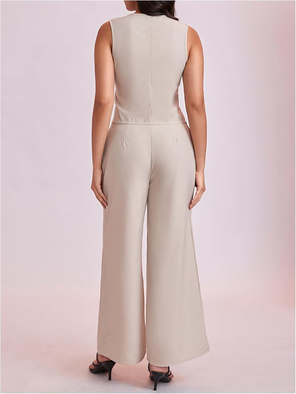 Women'S 2 Piece Outfit Sleeveless Button down Vest Blazer and Wide Leg Pants Suit Matching Set