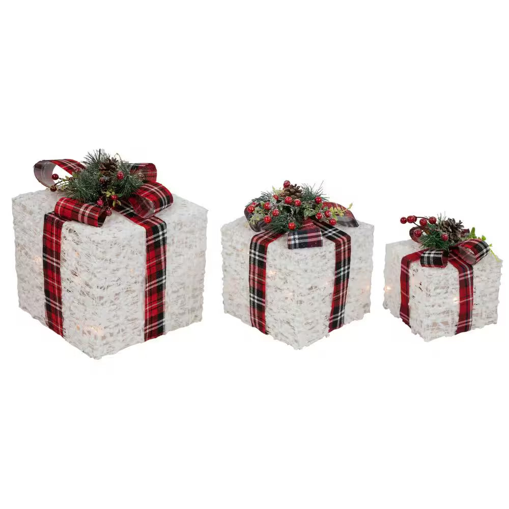Lighted Textured and Plaid Gift Boxes Outdoor Decorations-Warm White-Set of 3