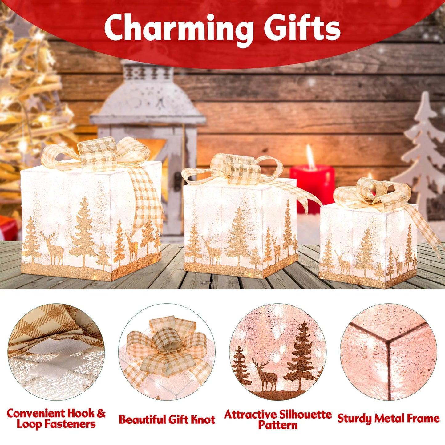 Set of 3 Pre-Lit Christmas Gift Boxes Lighted Present Decoration with 100 Lights