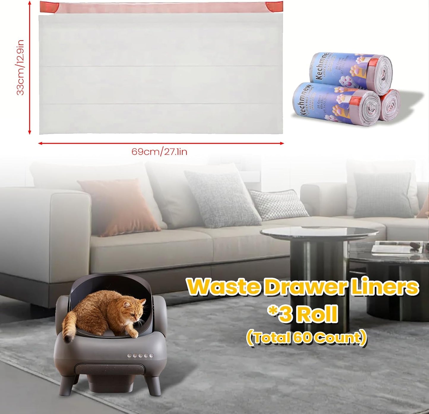 60 Count Cat Litter Replaced Waste Bags Liners for Neakas M1 Petpivot Autoscooper 11 Open- Top Self-Cleaning Cat Litter Box- Disposable Pet Wast Bags with Drawstring Heavy Duty Leak-Proof