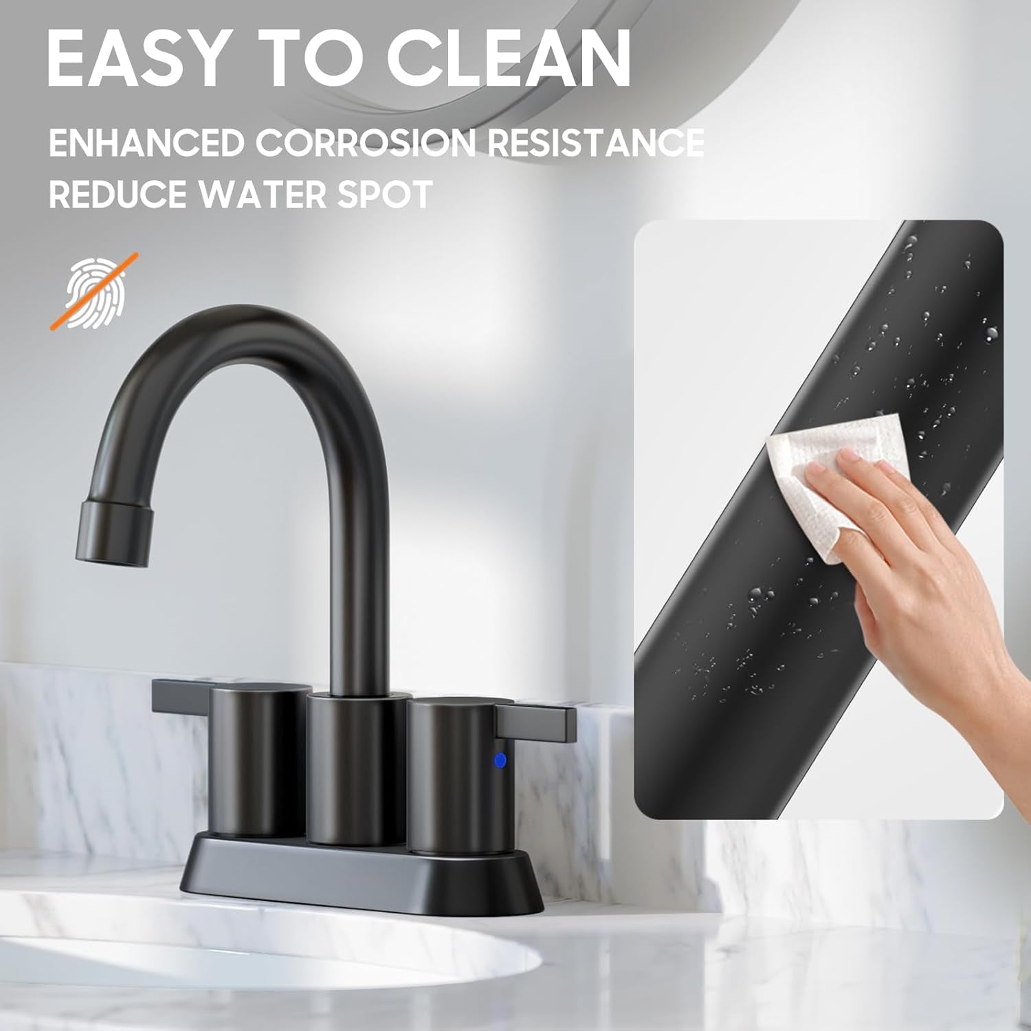 4-Inch Matte Black Lead-Free Modern Bathroom Faucet with 360-Degree Swivel Spout, Two Handles, Pop-Up Drain, and Water Supply Lines for 2-3 Hole RV Bathroom Vanity Sink, Model BF015-1-MB