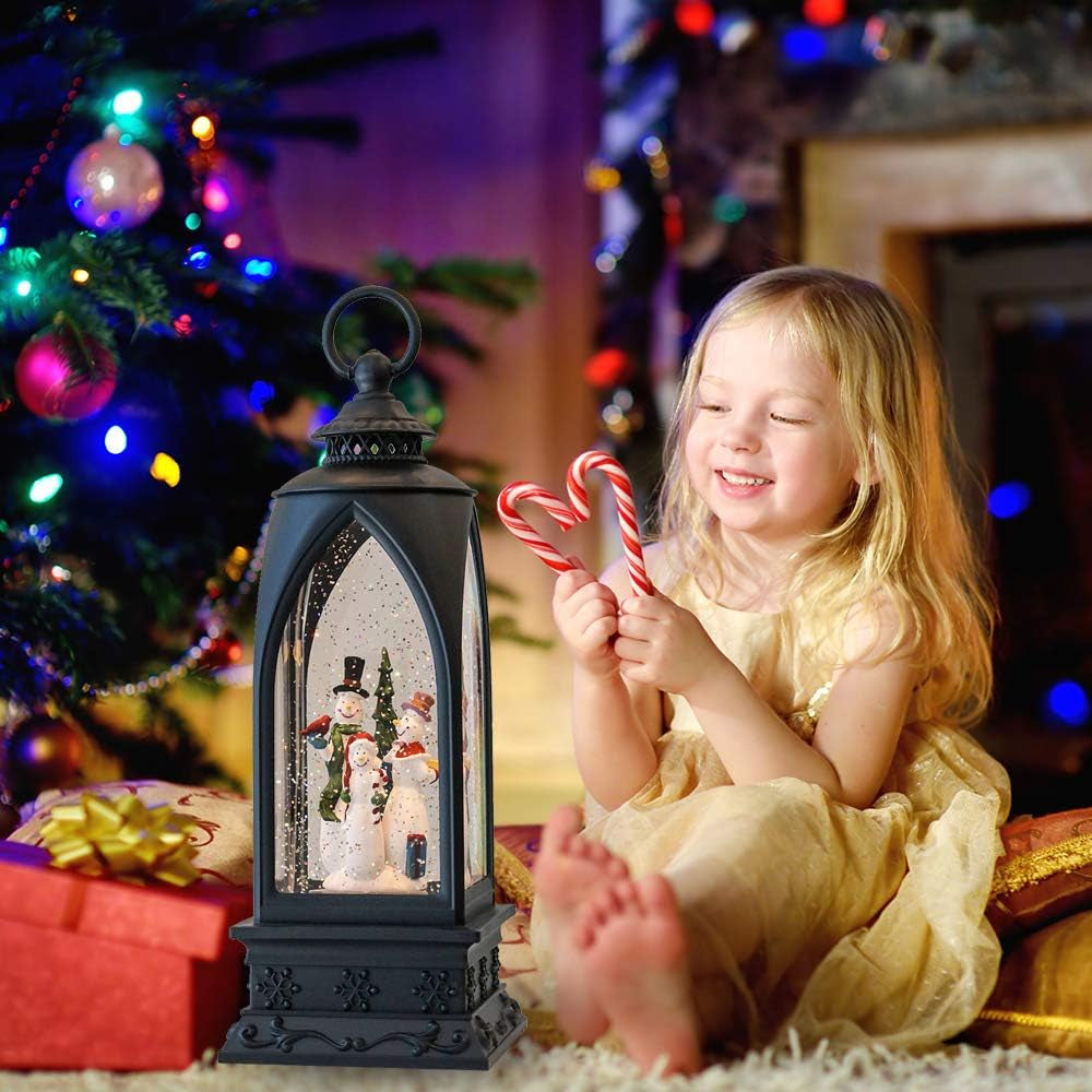 12” Christmas Snow Globe Lantern Snowman with Music & Timer, USB Lined/Battery Operated Lighted Water Glittering Lantern for Christmas Festival Decoration Gifts – Snowman