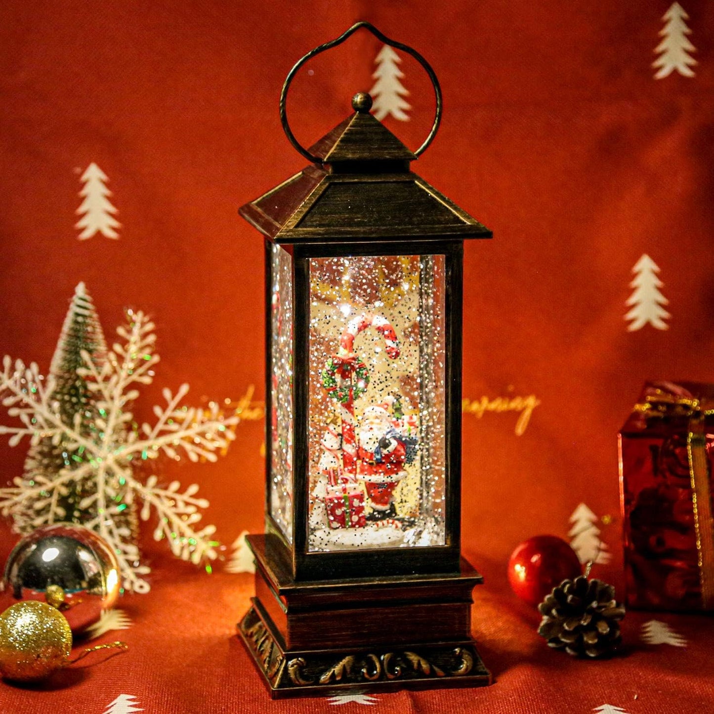 Christmas Musical Snow Globe Lantern, 12 Inch Spinning Glittering Lantern with 6 Hours Timer, USB Powered & Battery Operated for Christmas Decorations (Santa Claus and Candy Cane)