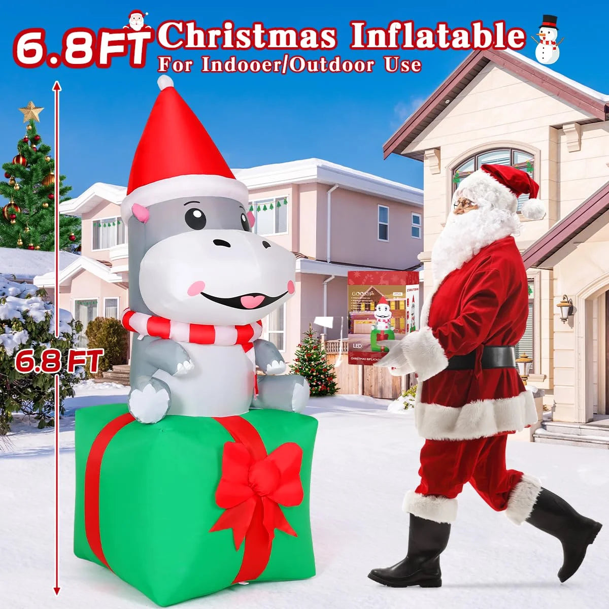 Christmas Inflatables 6.8 FT Christmas Hippo Inflatables with Built-In Leds, Smiling Hippo Blow up Sitting on Gift Box, Outdoor Christmas Decorations for Xmas Holiday Party Indoor Outdoor