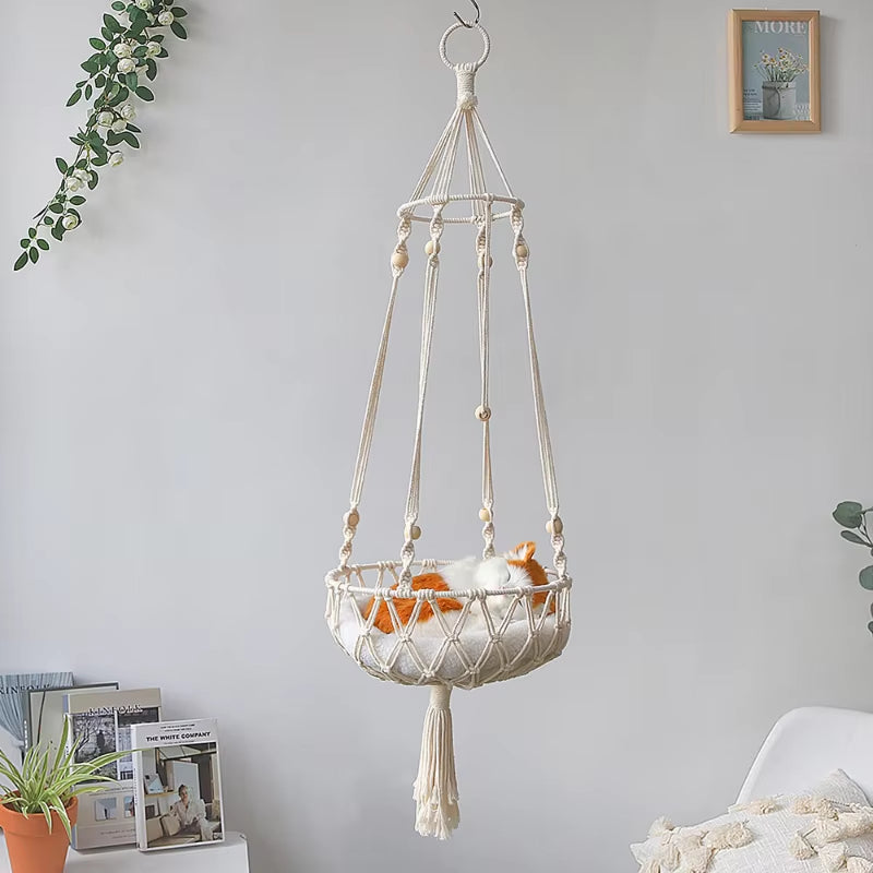 Pet Cat Hammock Swing Bed- Bohemian Handwoven Tapestry Cotton Macrame for Home Bedroom Decoration Wall Hanging without Mat